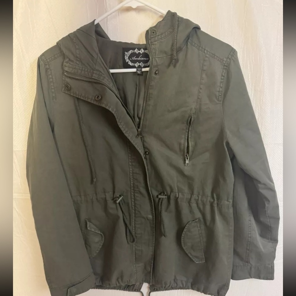 Ambiance Women's Khaki Green Hooded Jacket 100% Cotton Size Large